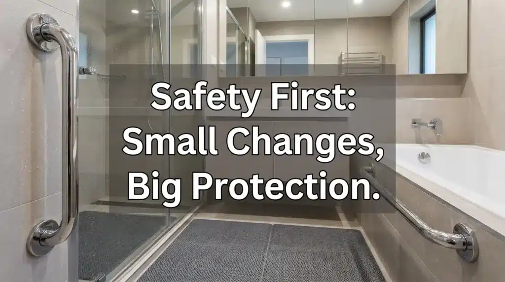 A close-up view of essential bathroom safety features like grab bars and non-slip surfaces designed for preventing senior falls at home.
