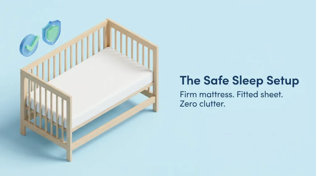 3D isometric view of a minimalist baby crib with a firm mattress and fitted sheet, showing a safe sleep environment.