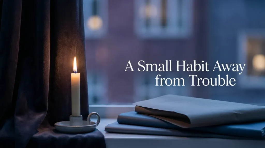 Lit candle placed too close to curtains and wrapping paper showing a common holiday fire hazard