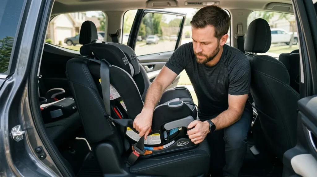 A vigilant father applying essential car seat safety tips for parents by performing an installation stability check in his vehicle.