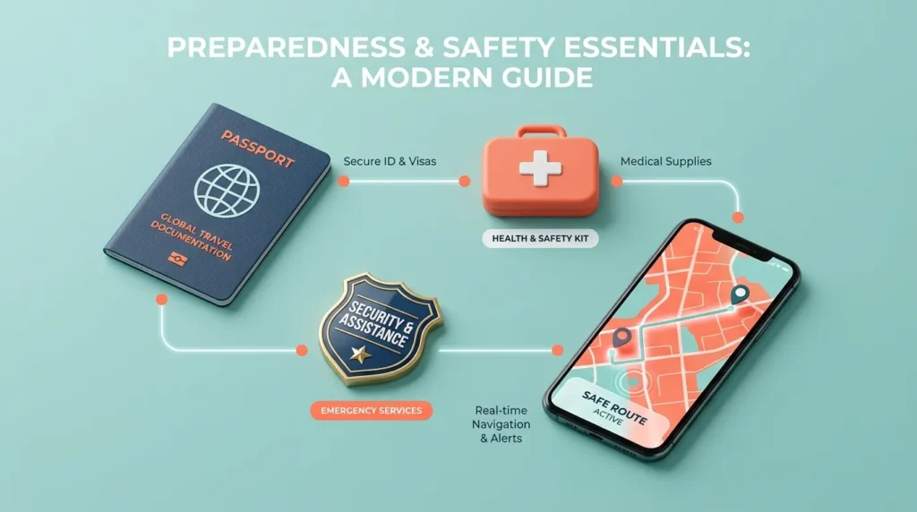 A modern infographic displaying medical, security, and navigation icons, representing the three main categories of emergency phrases to know when traveling abroad.