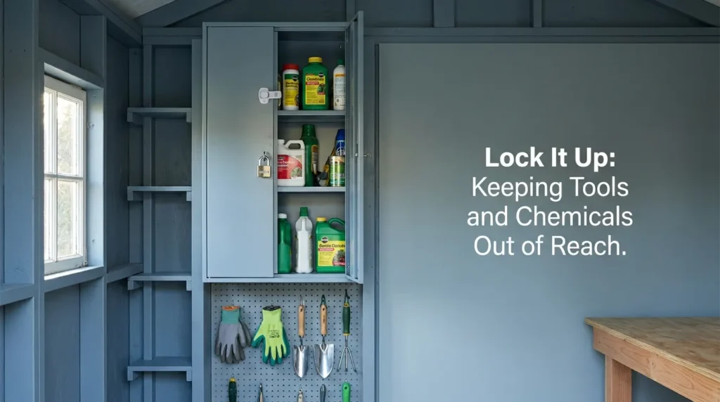 Locked garden shed shelf showing safe tool and chemical storage for childproofing your yard