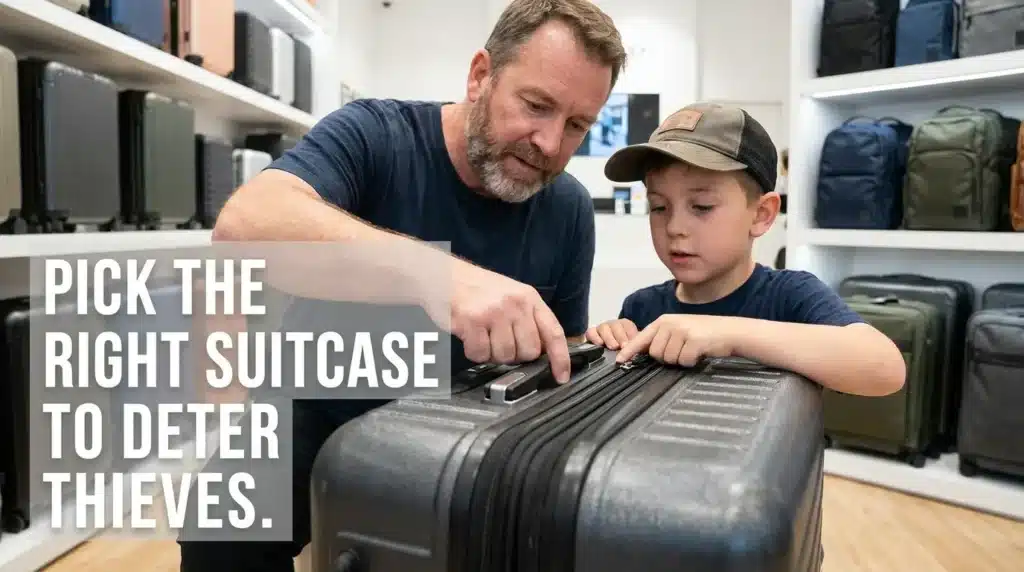 A father and son checking the security features of a hard-shell suitcase to prevent airport theft.