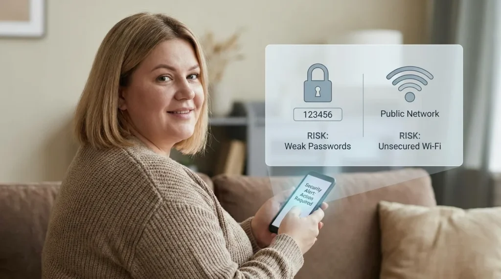 A visual representation of common mistakes users make and how to secure cloud storage by avoiding reused passwords and public networks.