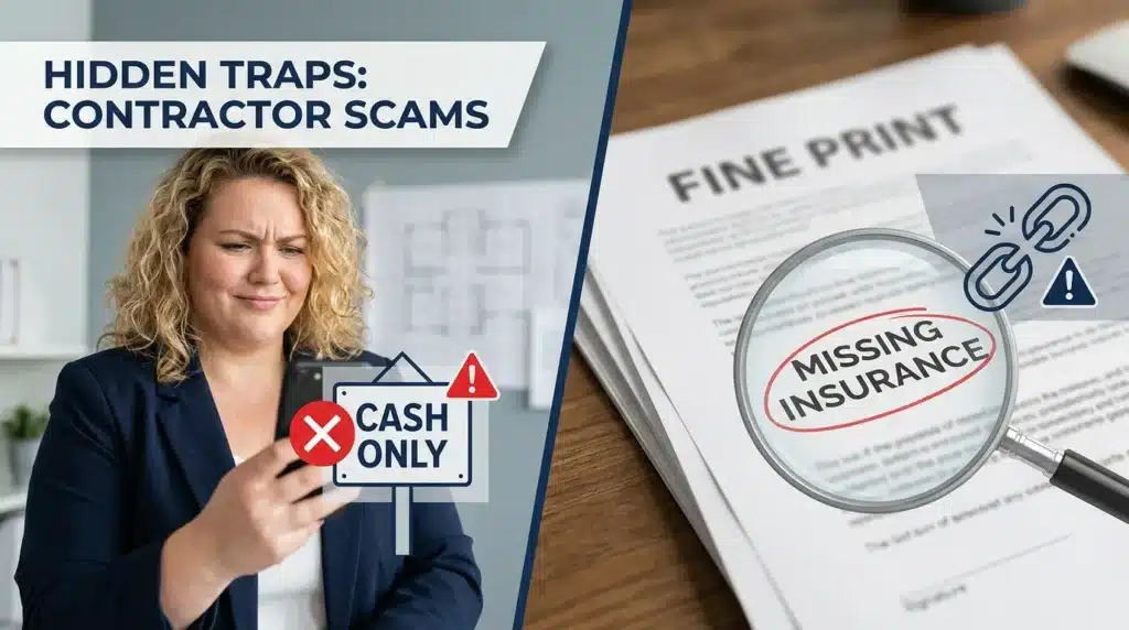 An infographic-style image highlighting common red flags and scams to avoid when homeowners are learning how to vet a contractor.