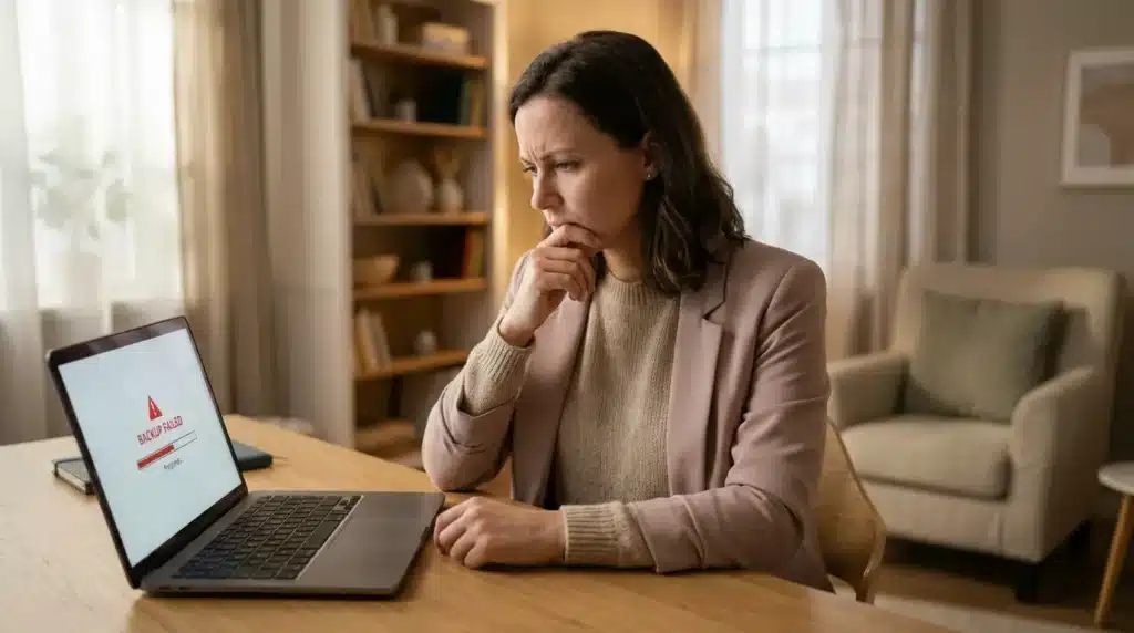A woman feeling concerned about potential data loss, highlighting common mistakes that put personal files at risk.