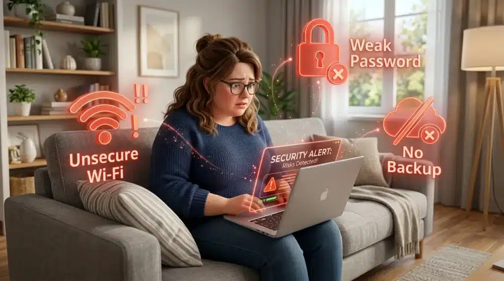 An infographic showing common digital mistakes like weak passwords and no data backup to highlight the need for an ultimate digital safety guide.