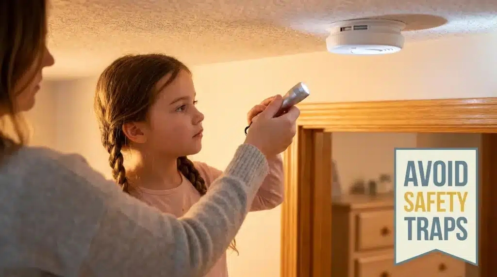 A young girl holding a flashlight and learning how to avoid common mistakes during a house fire evacuation.