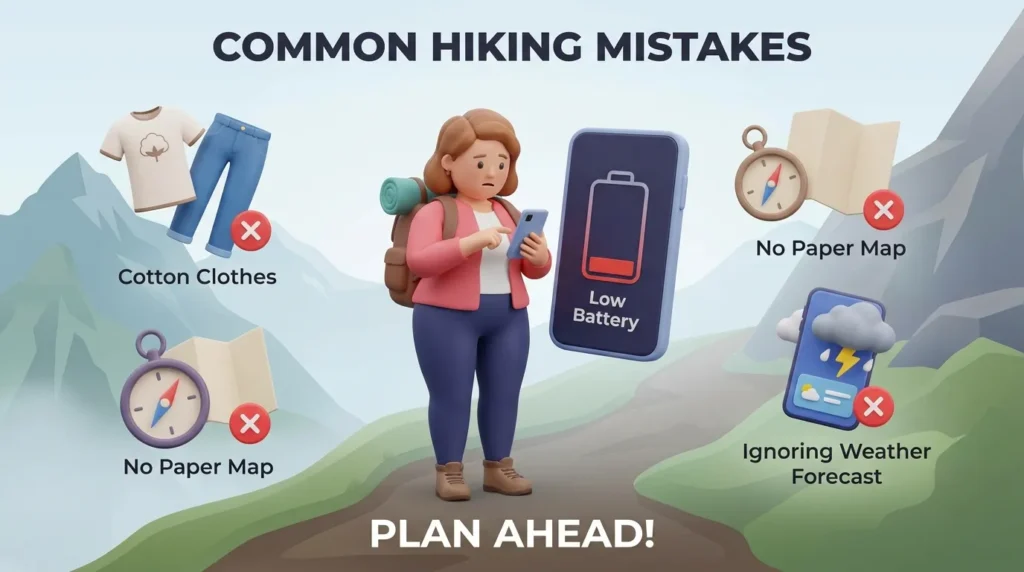 An infographic showing a hiker with a dead phone battery to highlight essential hiking safety tips and 10 essentials for beginners while avoiding common mistakes.