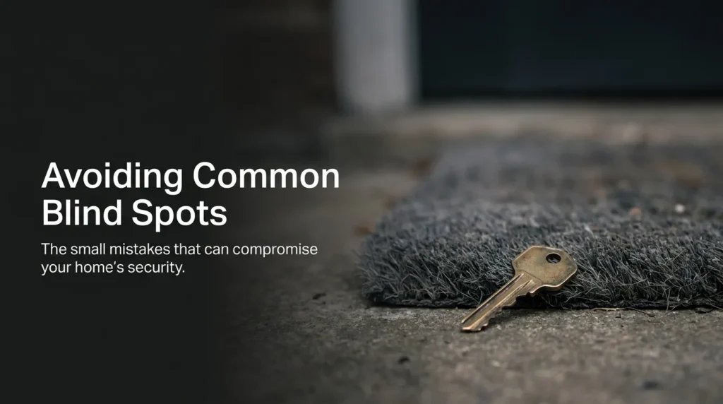 Close up of a spare house key under a mat, representing common security mistakes parents make.