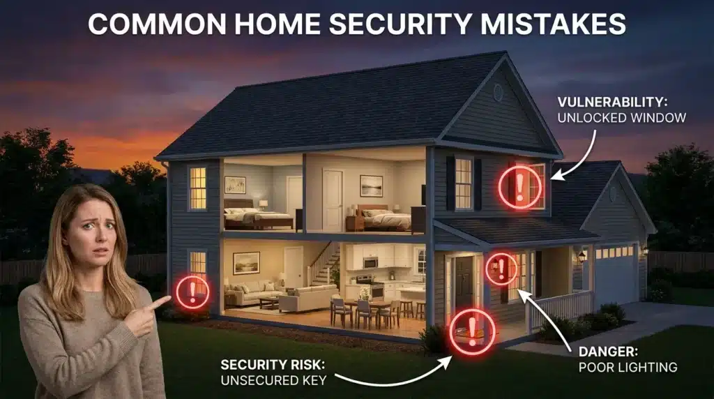 An infographic illustrating common security mistakes like unlocked windows to emphasize the need for a comprehensive home security guide.