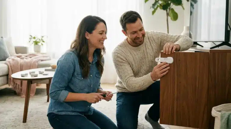 A smiling American mother and father securing their living room cabinets with safety locks to prevent child access to common household poison hazards to hide from kids.