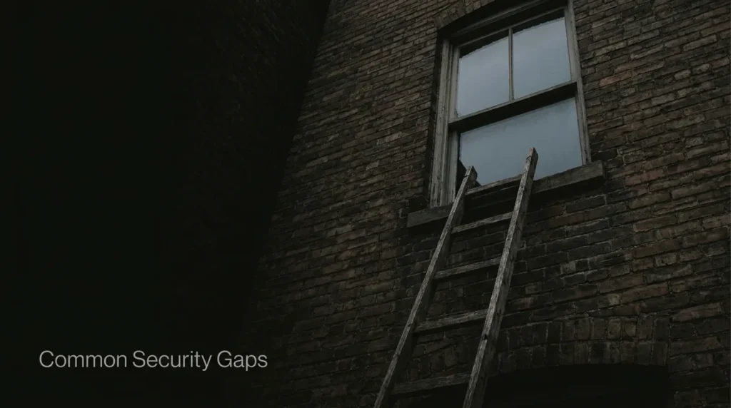 Editorial photo of a ladder leaning against a house wall, symbolizing a common security oversight.