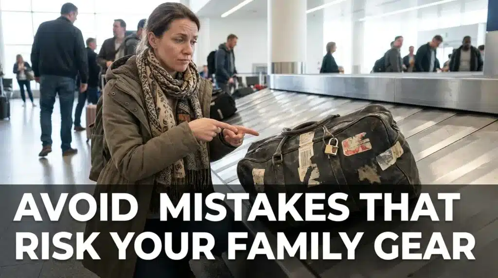 A mother identifying common baggage mistakes like old tags and weak locks at an airport carousel.