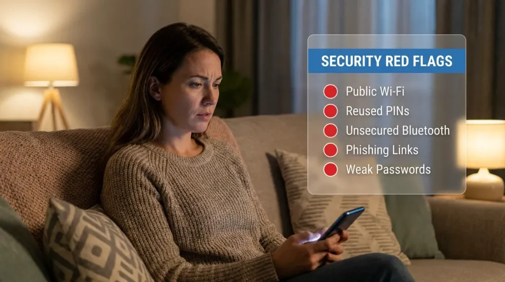 A woman looking at security red flags on her phone while learning how to keep your digital wallet secure from common mistakes.