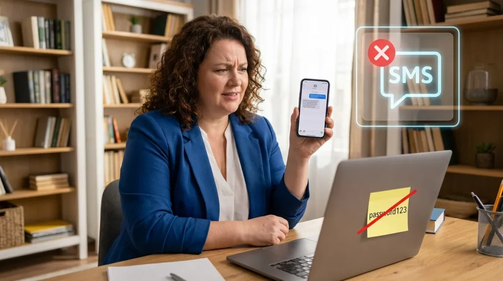 A woman reviewing security settings to avoid common errors when learning how to set up two-factor authentication for her accounts.