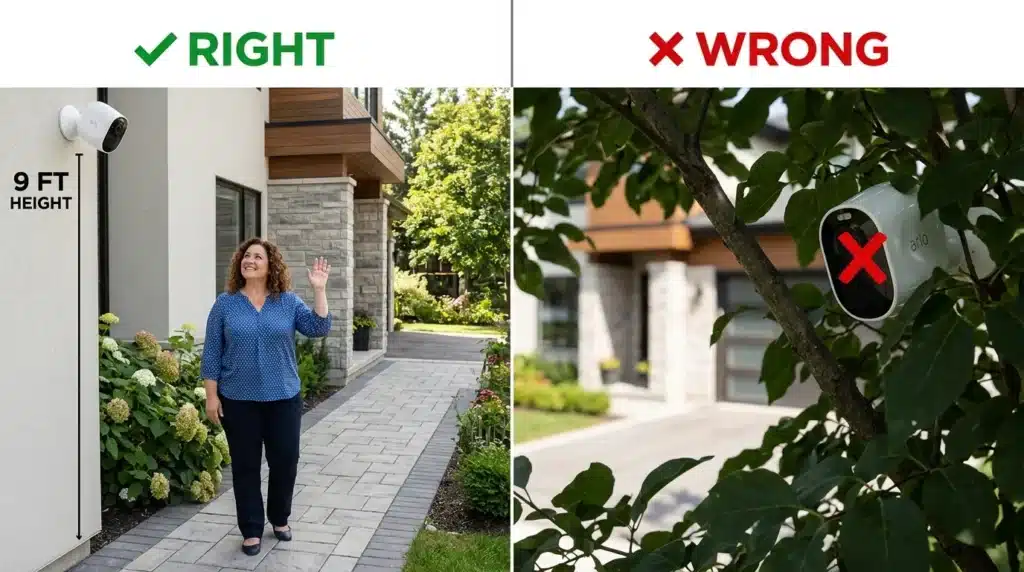 An educational split-view showing the difference between correct and incorrect placement when choosing the best places to put security cameras outside.