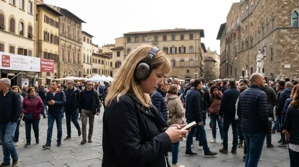 A distracted woman wearing headphones in a busy crowd, showing common pitfalls in how to stay safe in large crowds and public events.