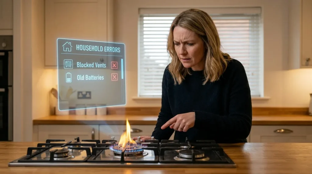 A woman identifying a yellow gas flame as a warning sign, highlighting common mistakes in gas leak and carbon monoxide safety.
