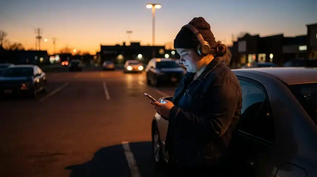 A distracted woman on her phone in a public area, highlighting common errors explained in our personal safety guide.