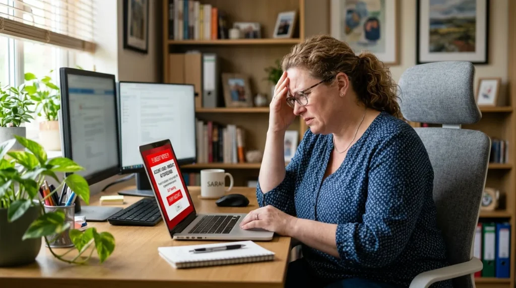 A relatable woman feeling pressured by a fake urgent notification, illustrating common errors when learning how to avoid social engineering scams.