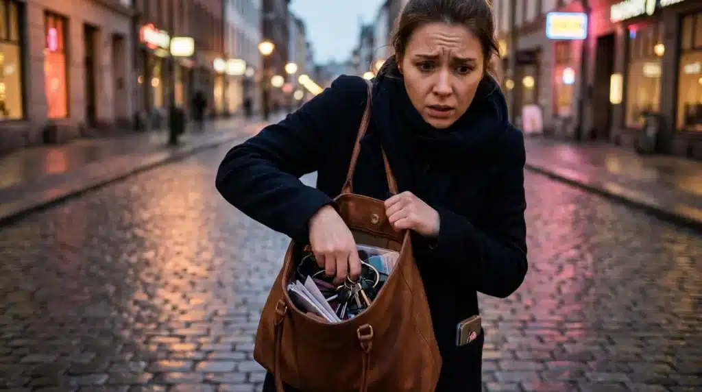 A woman struggling to find her self-defense tool inside a messy bag, showing a common safety mistake.