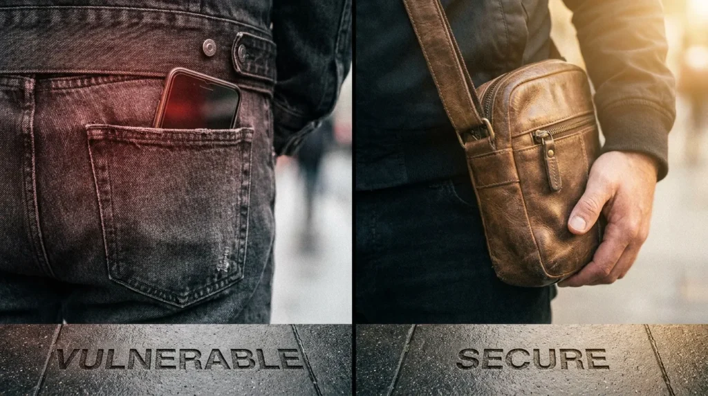 Close-up comparison of a vulnerable phone in a back pocket versus a secure front pocket bag placement for pickpocket prevention.