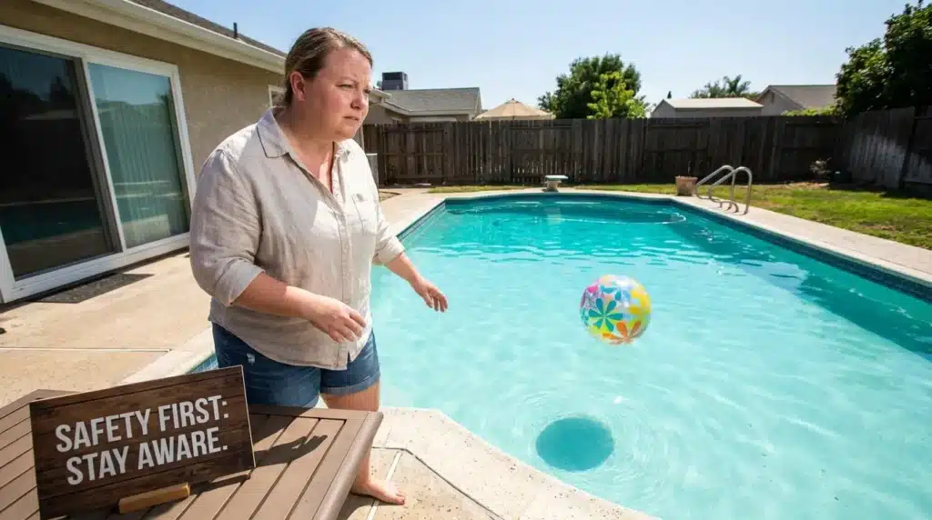 An alert European mother with a round face standing near a pool, highlighting common child pool safety tips and errors to avoid.