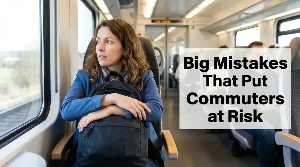 A passenger avoiding common public transport safety mistakes by staying alert and keeping belongings secure on a train.