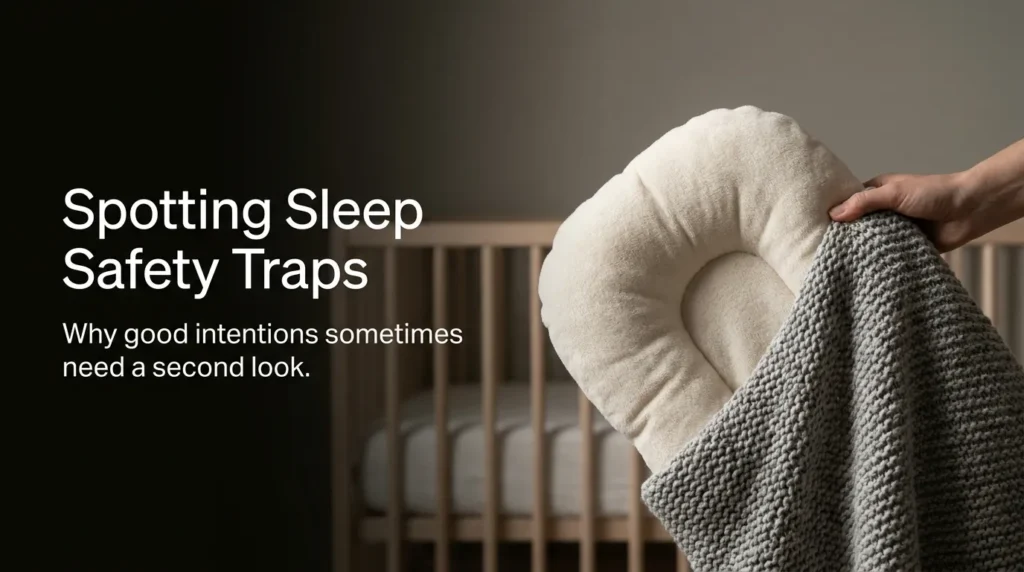 Minimalist image showing a plush blanket and pillow removed from the sleeping area to prevent suffocation risks.
