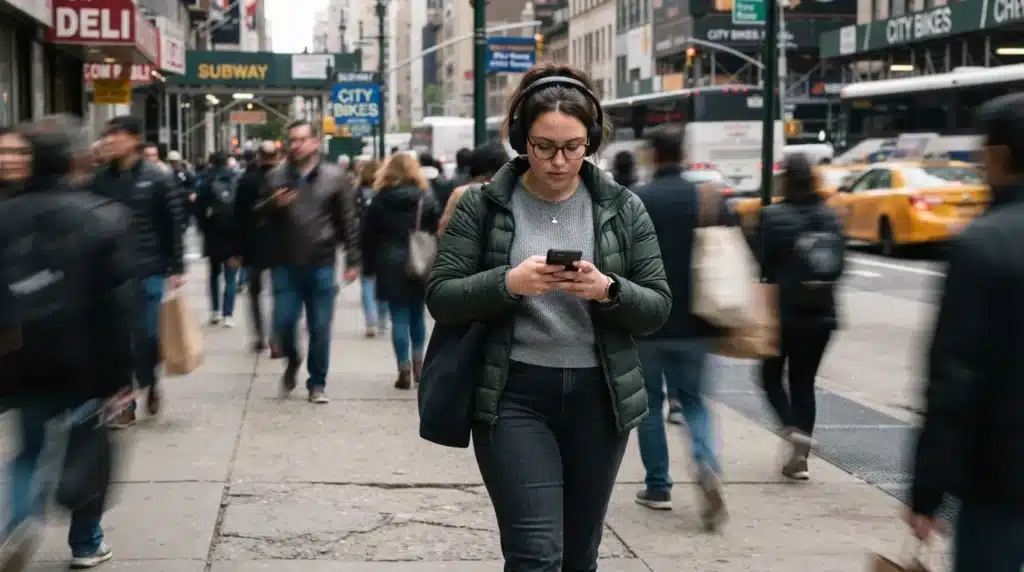 A distracted woman using her phone and headphones, showcasing common errors related to safety tips for women walking alone.