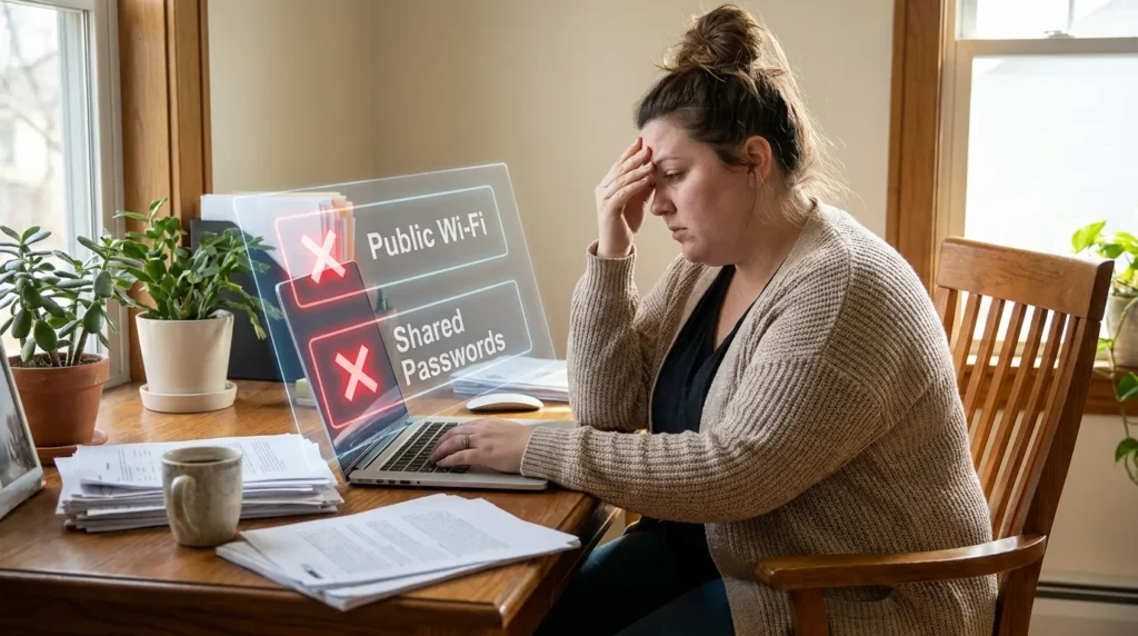 A business owner realizing the risks of shared passwords while looking for simple ways to protect your business from cyber attacks.