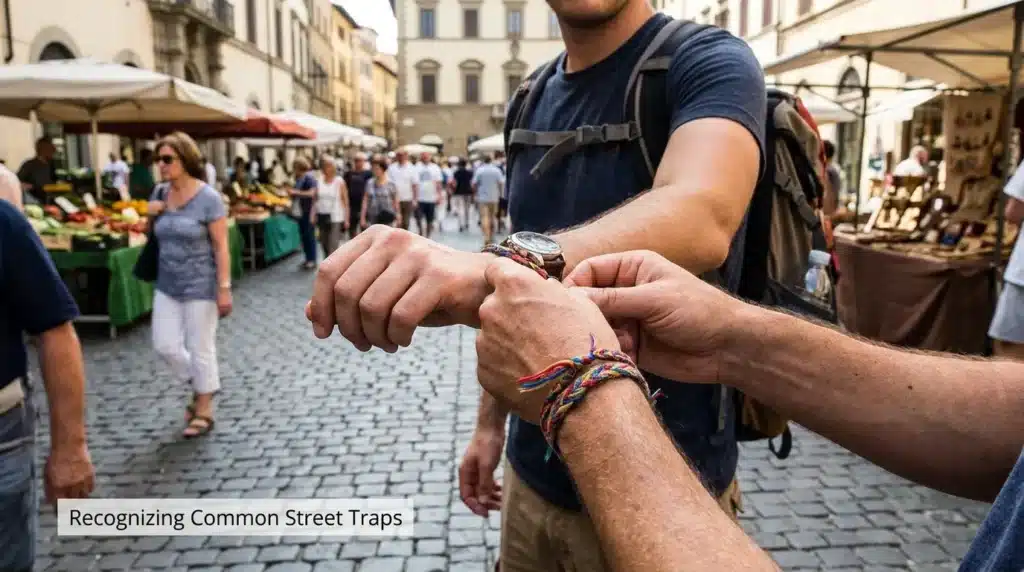 A close-up view of a street scammer trying to place a friendship bracelet on a tourist in a crowded city square.