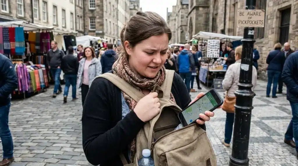 A distracted female traveler looking at her phone in a busy street, demonstrating a huge mistake that makes tourists targets for scams.