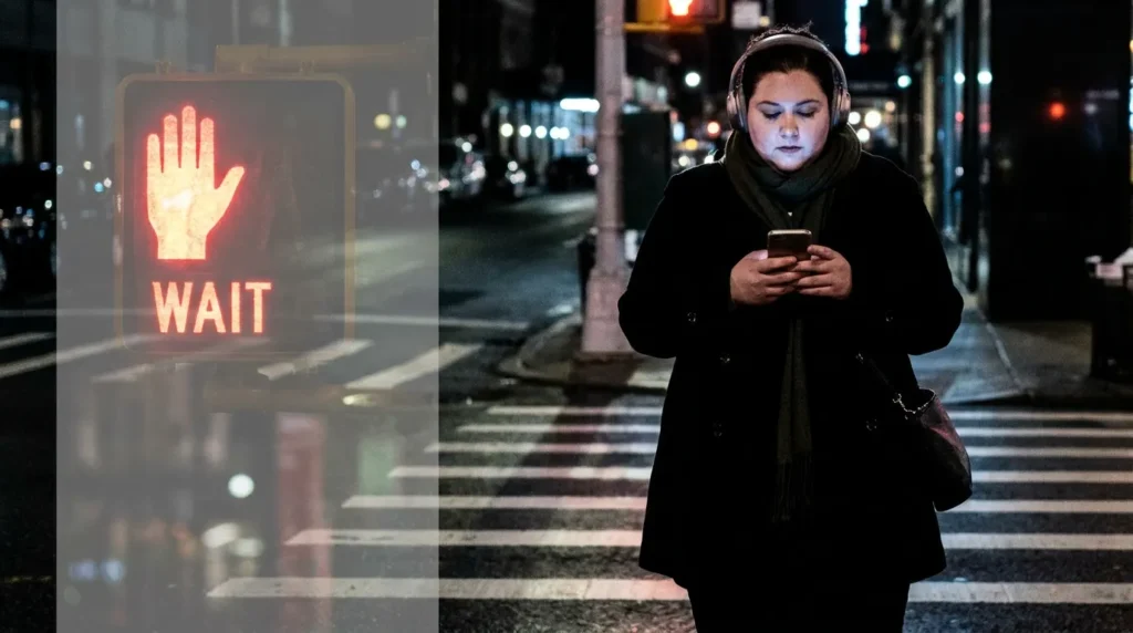 A distracted woman walking alone with headphones on, highlighting a common mistake people make despite knowing safety tips for walking alone.