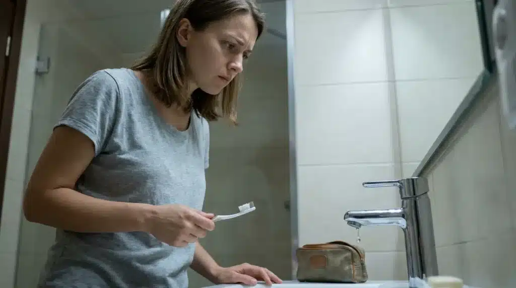 A young woman looking worried while standing at a bathroom sink, representing common mistakes like using tap water for dental hygiene.