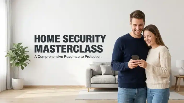 A happy couple in a modern living room symbolizing a comprehensive home security guide and a roadmap for protecting property from intruders.