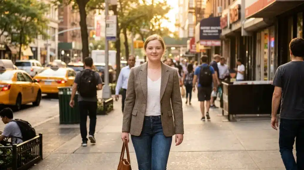 A girl with a fair round face walking purposefully on a well-lit public street.