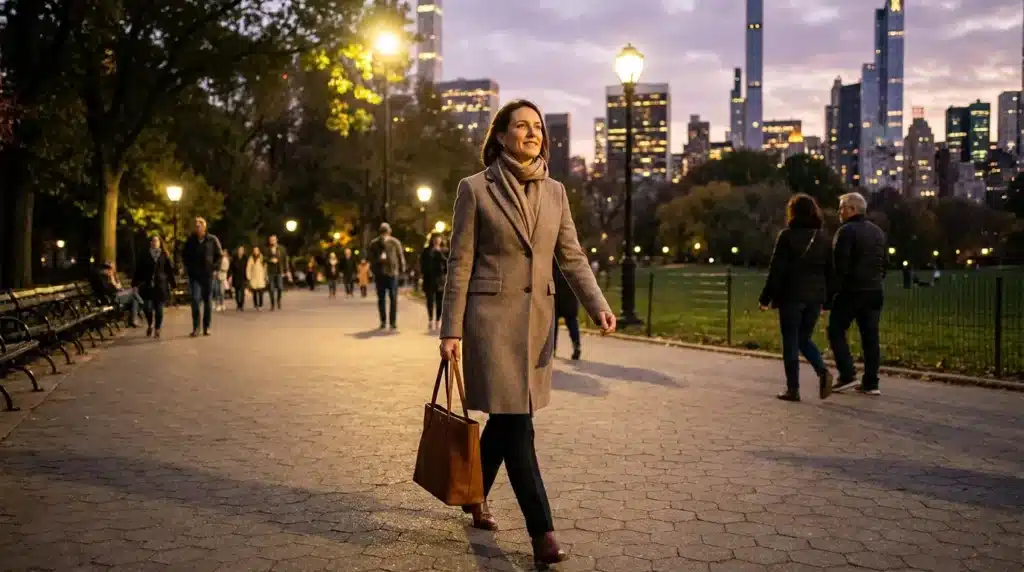 A woman practicing situational awareness while walking safely in a city environment.