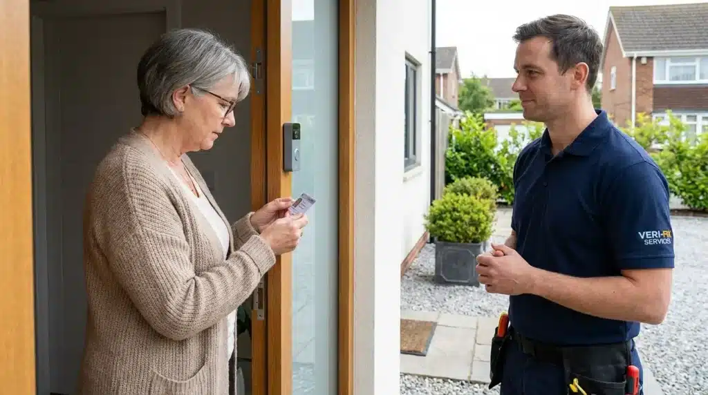 A vigilant homeowner carefully checks a worker's ID badge as part of the essential steps on how to vet a contractor before starting work.