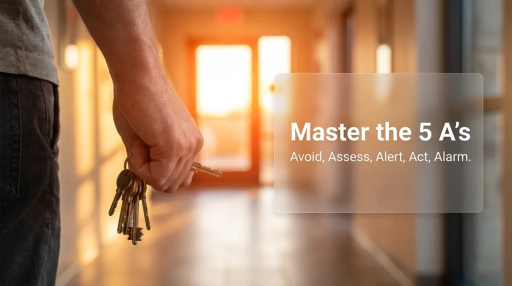 A close-up, high-quality photograph of a person holding car keys correctly as a defensive tool while walking toward a bright exit, demonstrating the 5 A’s of self-defense and practical safety habits.
