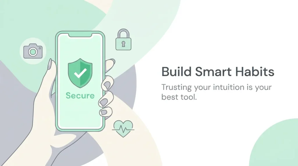 A minimalist infographic showing a smartphone security app and safety icons, emphasizing the importance of daily habits and gut feelings.
