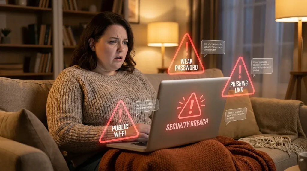 A relatable American woman looking startled at her laptop screen while identifying dangerous pitfalls and learning how to identify phishing emails in your inbox.