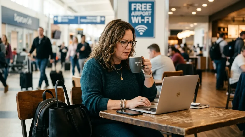 A cautious plus-size American woman being aware of digital pitfalls while learning how to use public wi-fi safely while traveling in a busy airport.