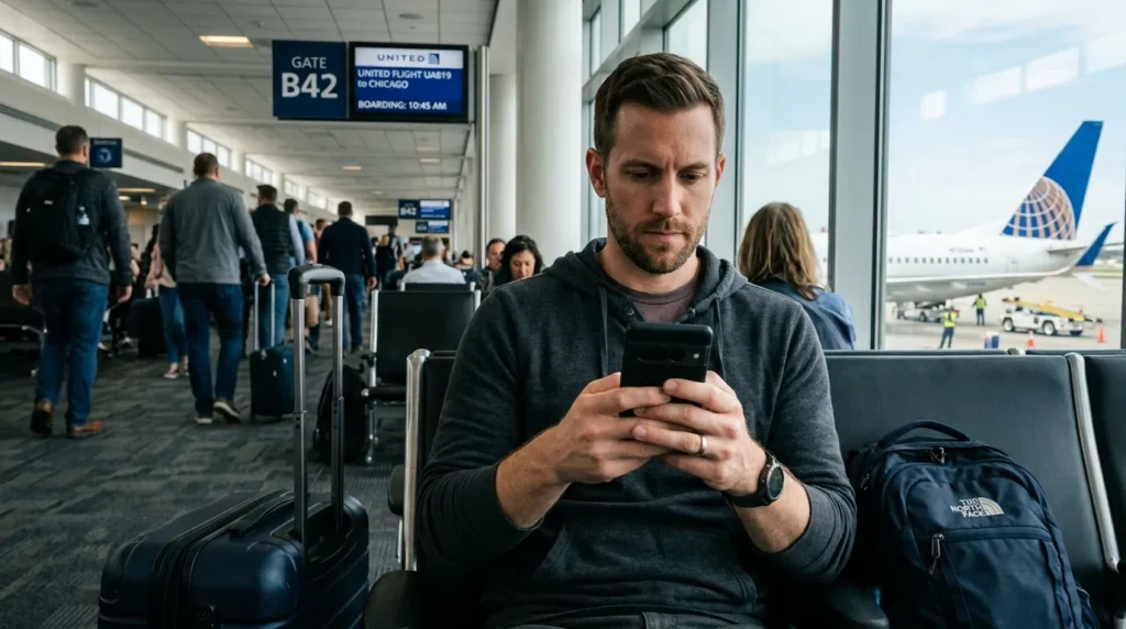 A vigilant American man at an airport gate checking his security settings as part of a roadmap for how to use public wi-fi safely while traveling.