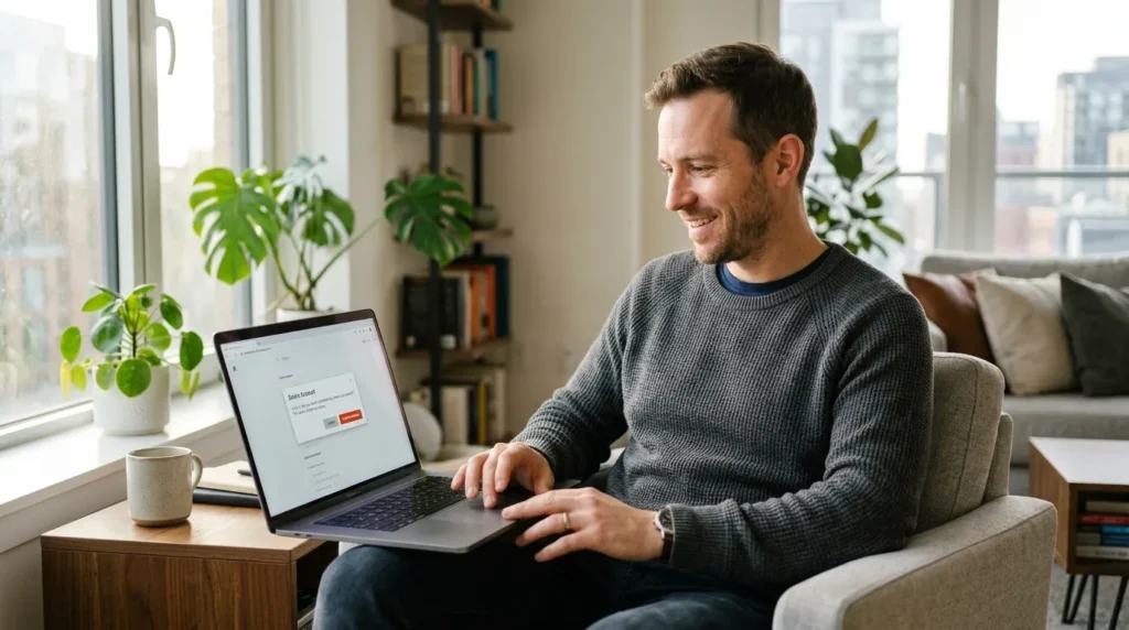 A focused European man using his laptop to execute a protocol on how to remove your personal information from the internet securely.