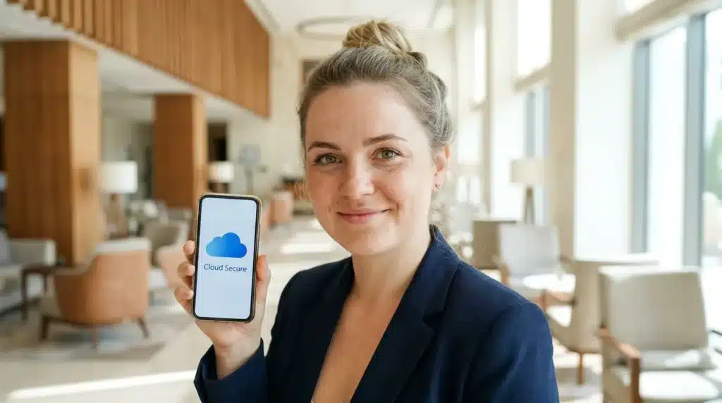 A young European woman with a round face showing a digital backup of her passport on a smartphone for travel safety.
