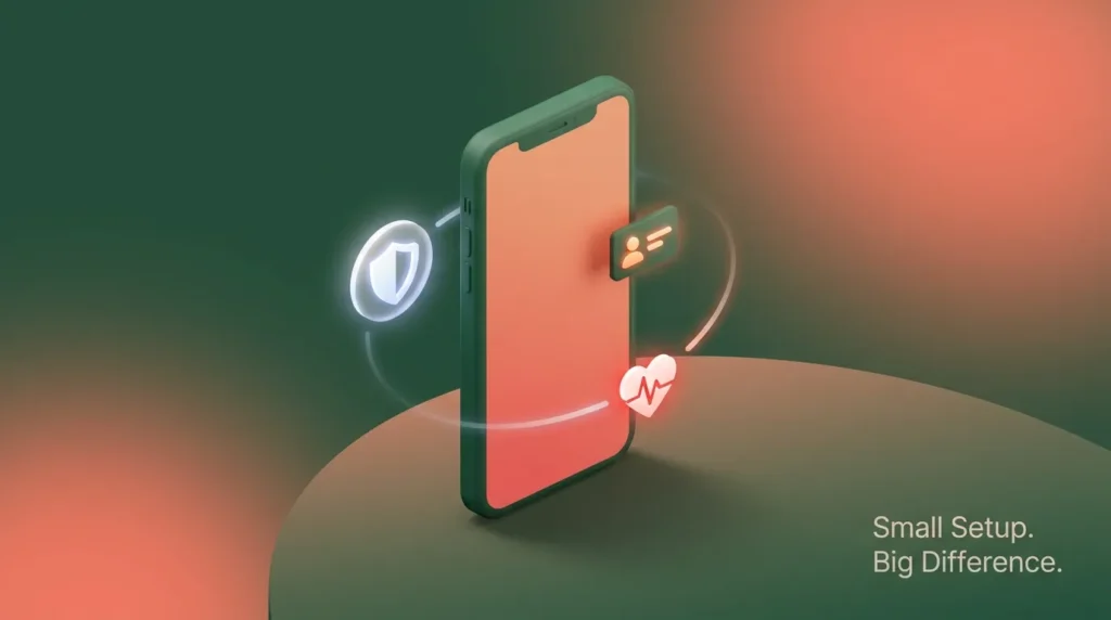 A 3D illustration of a smartphone with a shield and contact icon, symbolizing how a simple emergency contact list setup protects your safety.