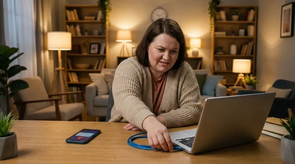 A woman taking immediate action and following ways to stop hackers from accessing your personal laptop during a security emergency.