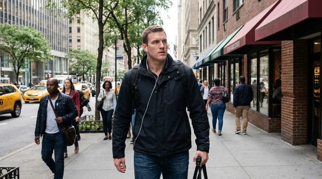 A man practicing situational awareness by scanning his surroundings while walking on an American urban sidewalk as part of safety tips for walking alone.